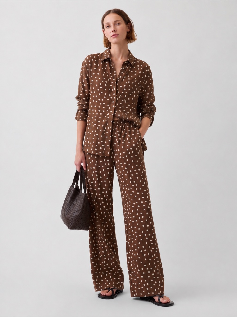 GAP Linen Polka Dot Wide-Leg Pants and Shirt Set - Brown